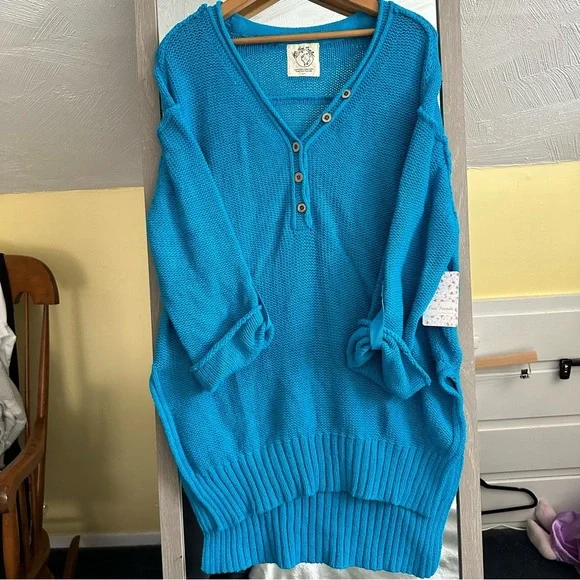 Free People Women's Firefly Knit Tunic Oversized Sweater Surf Blue XS NWT Boho - Picture 9 of 16